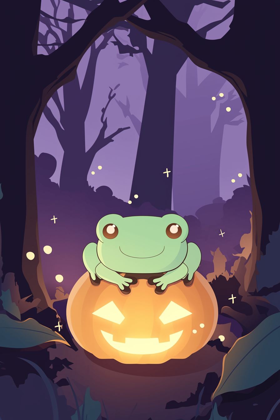 halloween frog drawing ideas 2 featuring a cute frog sitting on a glowing jack-o'-lantern in an enchanted forest.